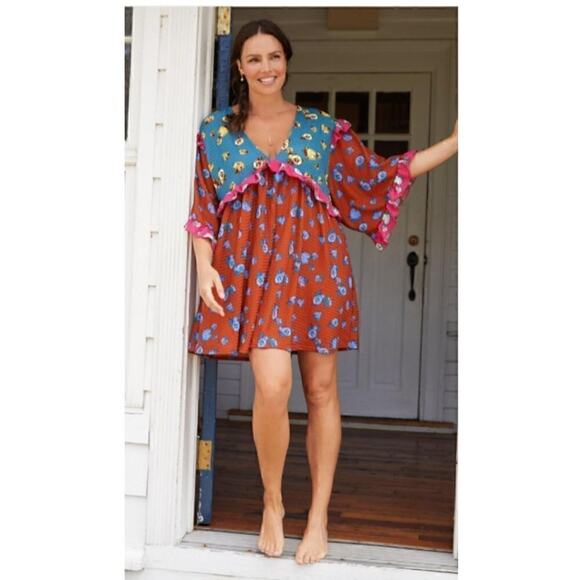 Anthropologie Novelty Orange Blue V-Neck Ruffled Sleep Mini Dress Size XS - Picture 1 of 8